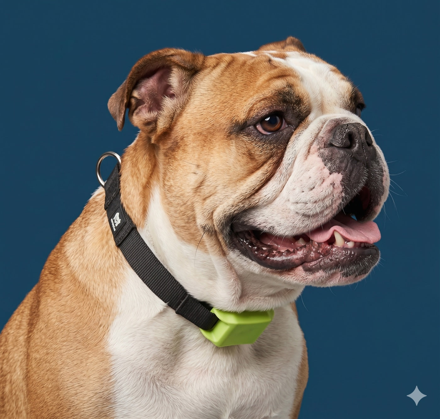 Bulldog con rastreador Besti en su collar